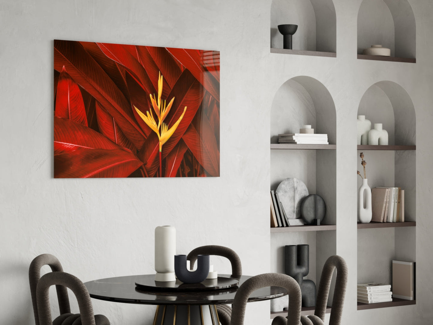 Golden Bloom Dark Red Foliage Glass Wall Art