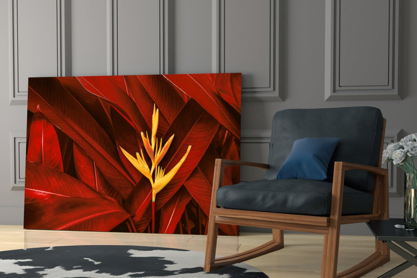 Golden Bloom Dark Red Foliage Glass Wall Art