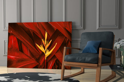 Golden Bloom Dark Red Foliage Glass Wall Art