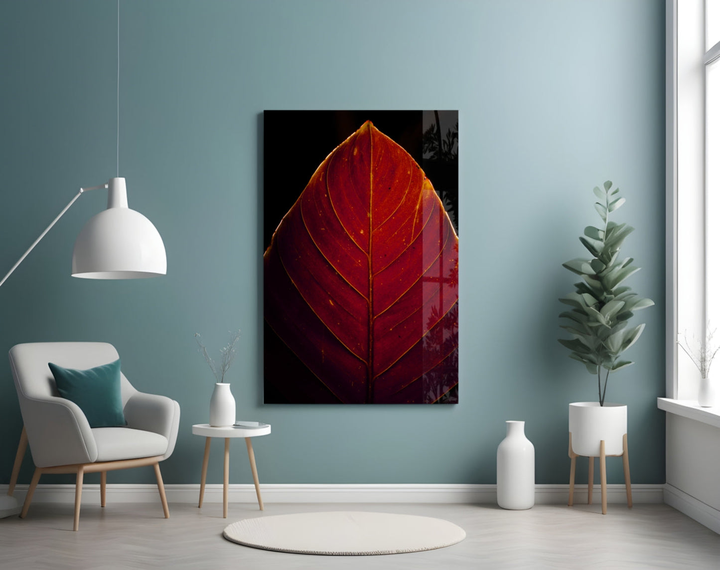 Deep Red Leaf Veins On Black Glass Wall Art