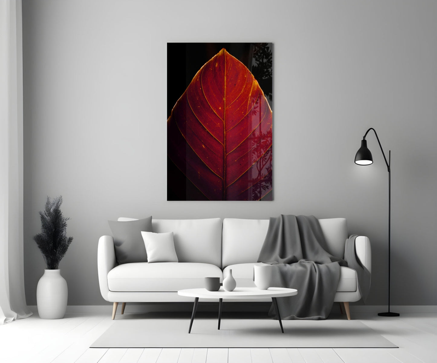 Deep Red Leaf Veins On Black Glass Wall Art