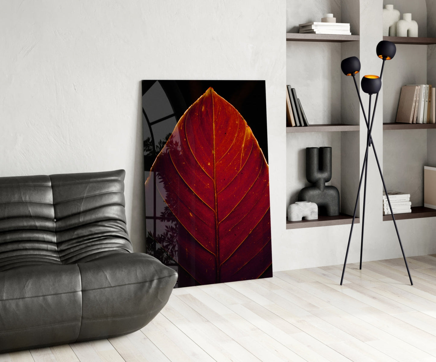 Deep Red Leaf Veins On Black Glass Wall Art