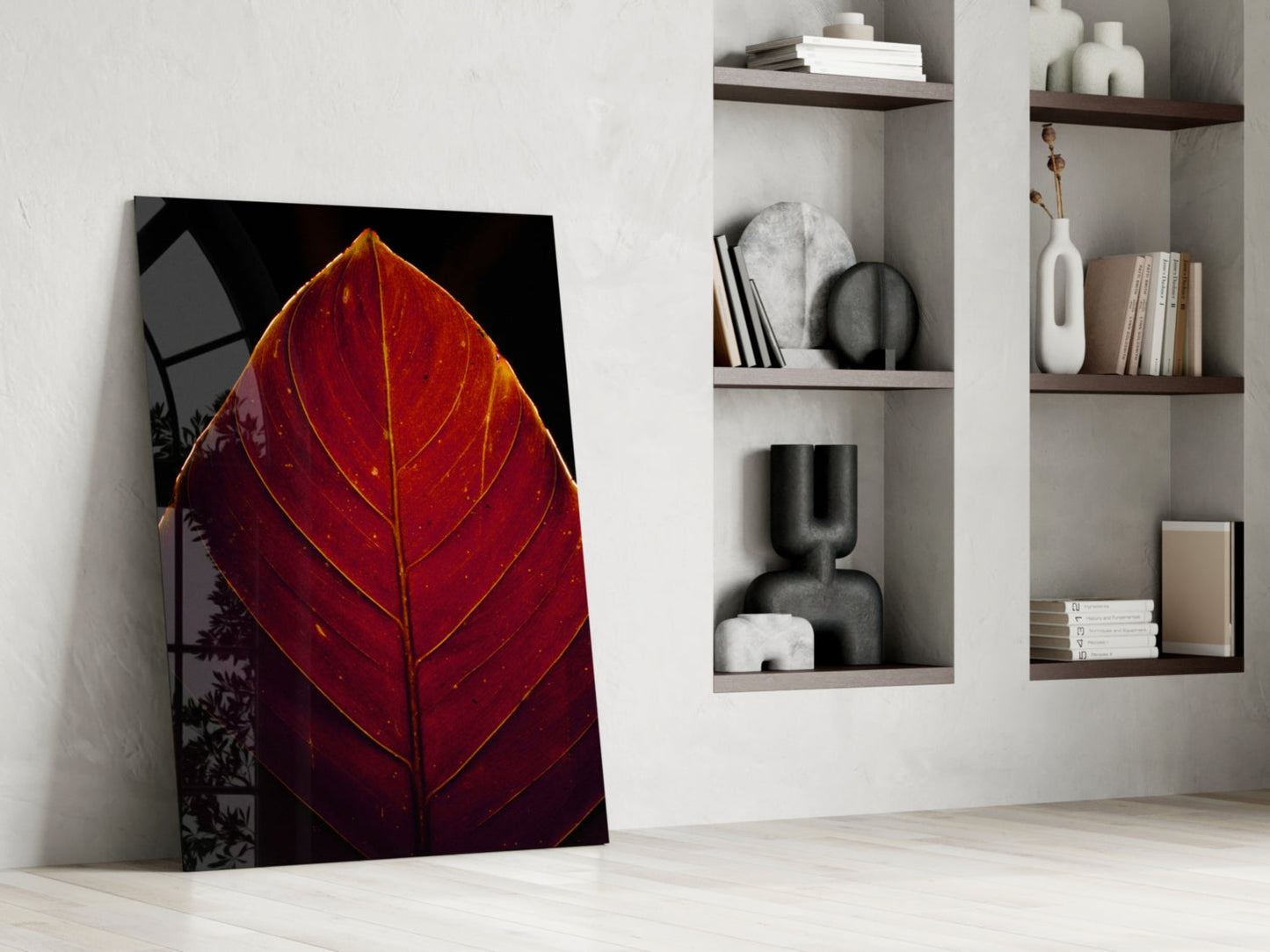 Deep Red Leaf Veins On Black Glass Wall Art