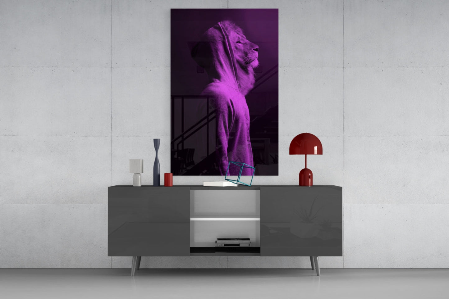 Purple neon-lit lion head glass art displayed above a gray media console in a minimalist interior setting.