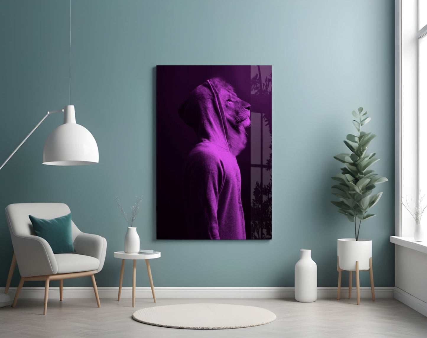 Purple neon lion head glass wall art displayed in a modern room with teal walls, white furniture, and potted plants.
