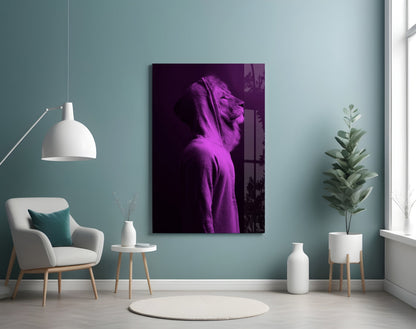 Purple neon lion head glass wall art displayed in a modern room with teal walls, white furniture, and potted plants.