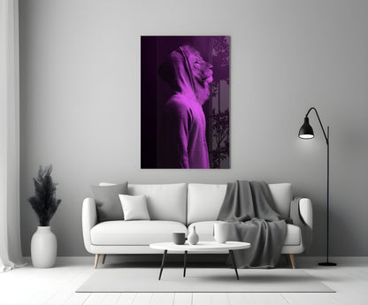 Purple-toned lion head glass wall art displayed above white sofa in minimalist living room setting.