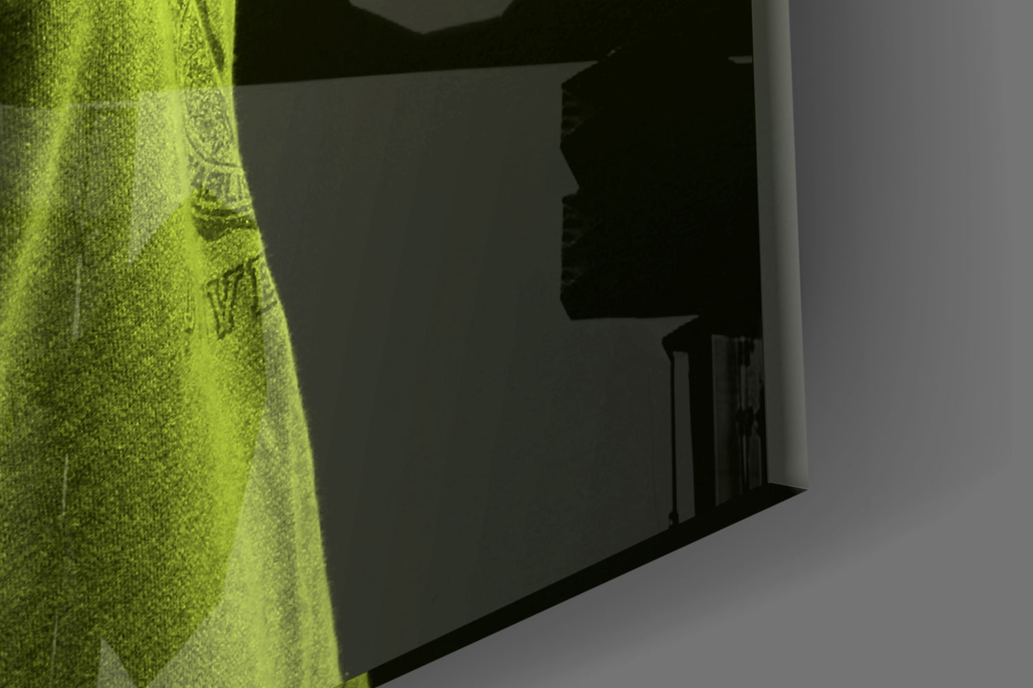 Green textured glass wall art featuring a lion head profile displayed in an interior corner setting.