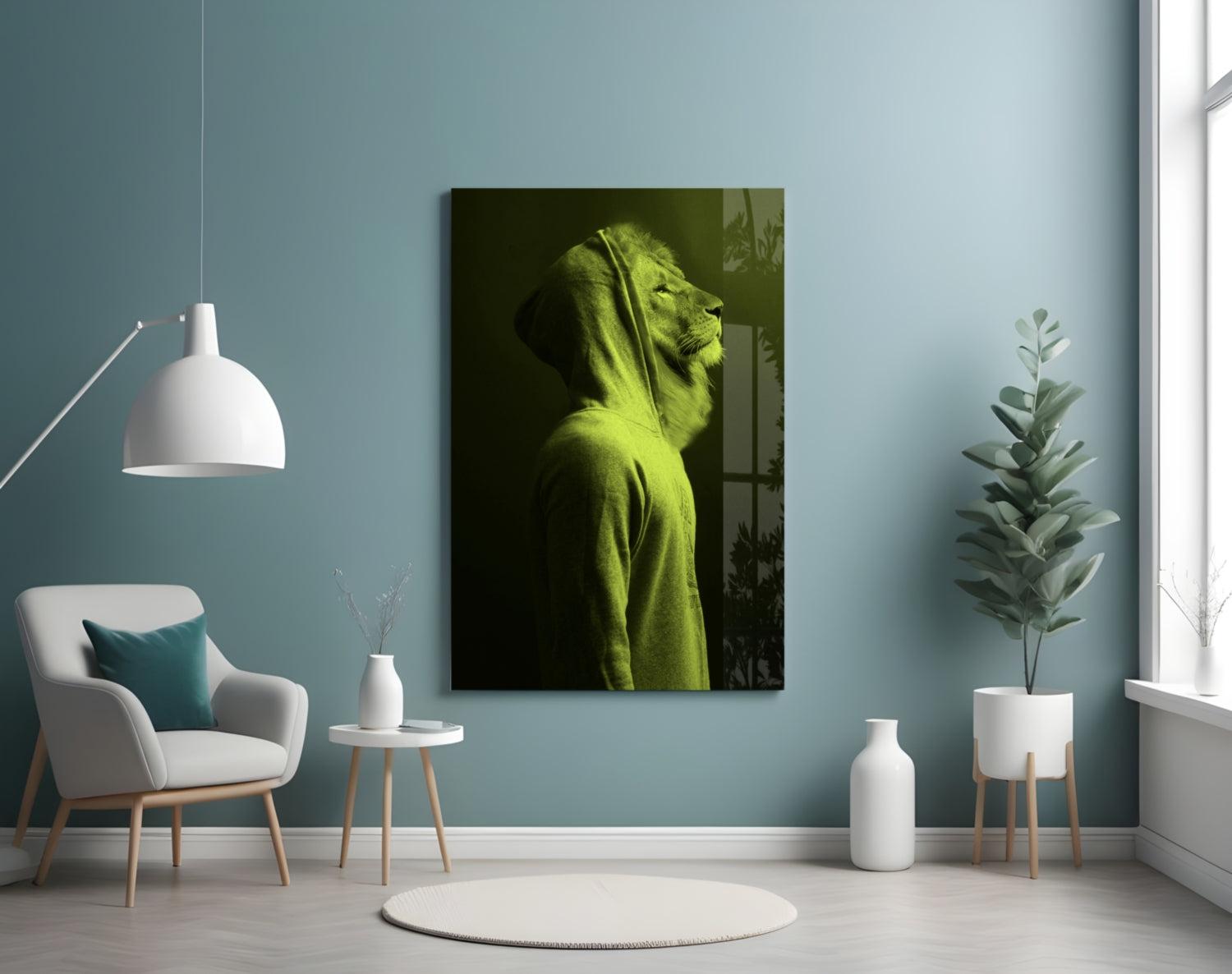 Green lion head glass wall art displayed on blue-green wall above white chair and potted plant in modern living room setting.
