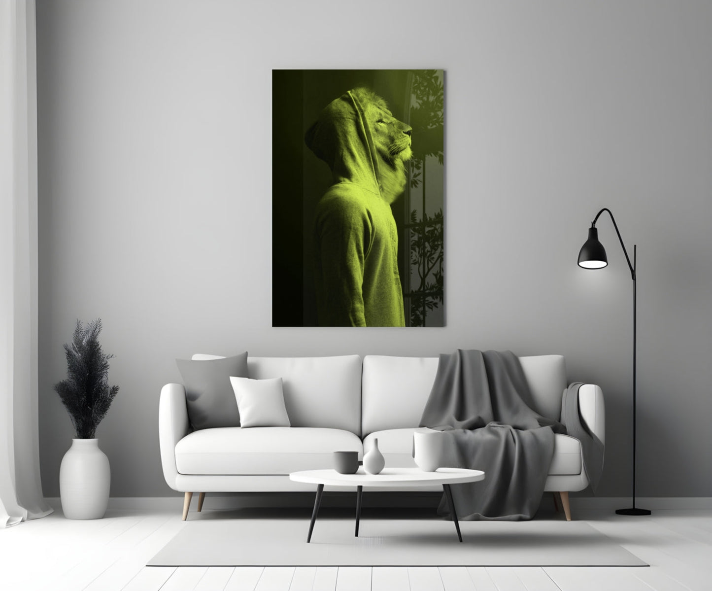 Green Lion Head Glass Wall Art displayed above white sofa in modern living room interior.