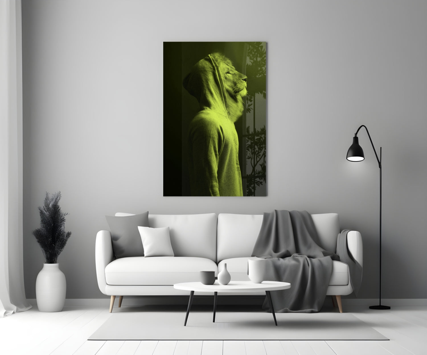 Green Lion Head Glass Wall Art displayed above white sofa in modern living room interior.