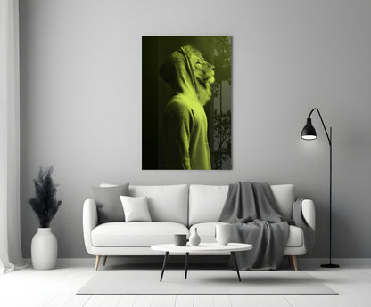 Green Lion Head Glass Wall Art displayed above white sofa in modern living room interior.