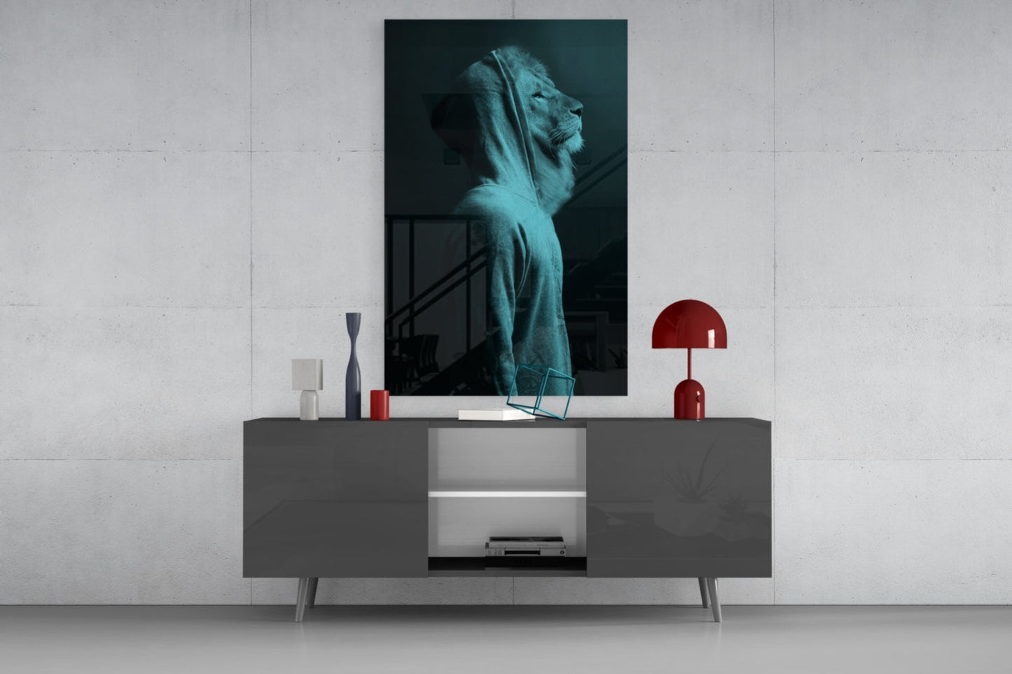 Teal glass wall art depicting a lion's head in profile, displayed above a gray media console in a modern interior setting.