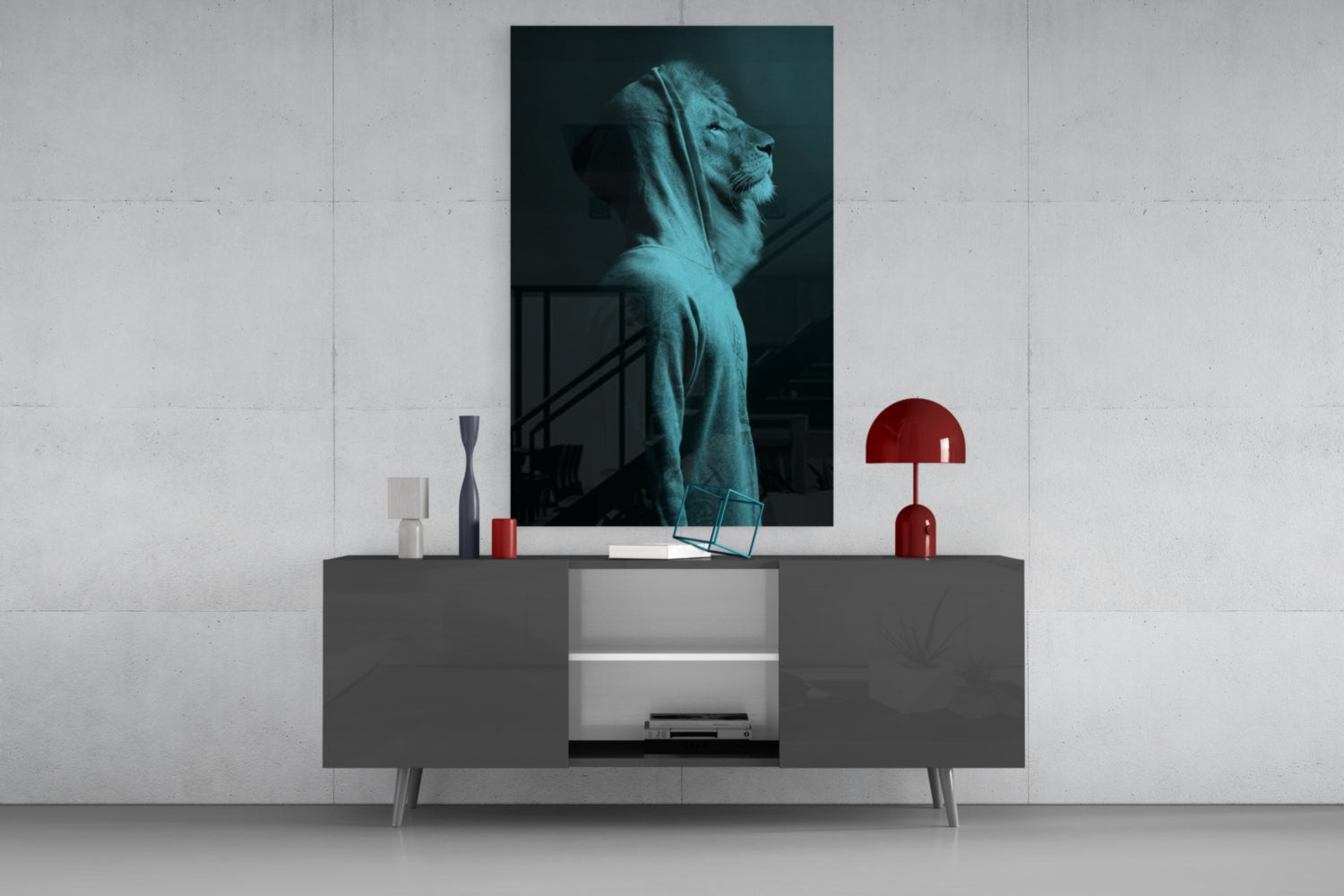 Teal glass wall art depicting a lion's head in profile, displayed above a gray media console in a modern interior setting.
