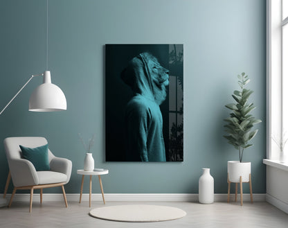Blue lion head glass wall art displayed in a styled room with turquoise walls, white furniture, and potted plants.