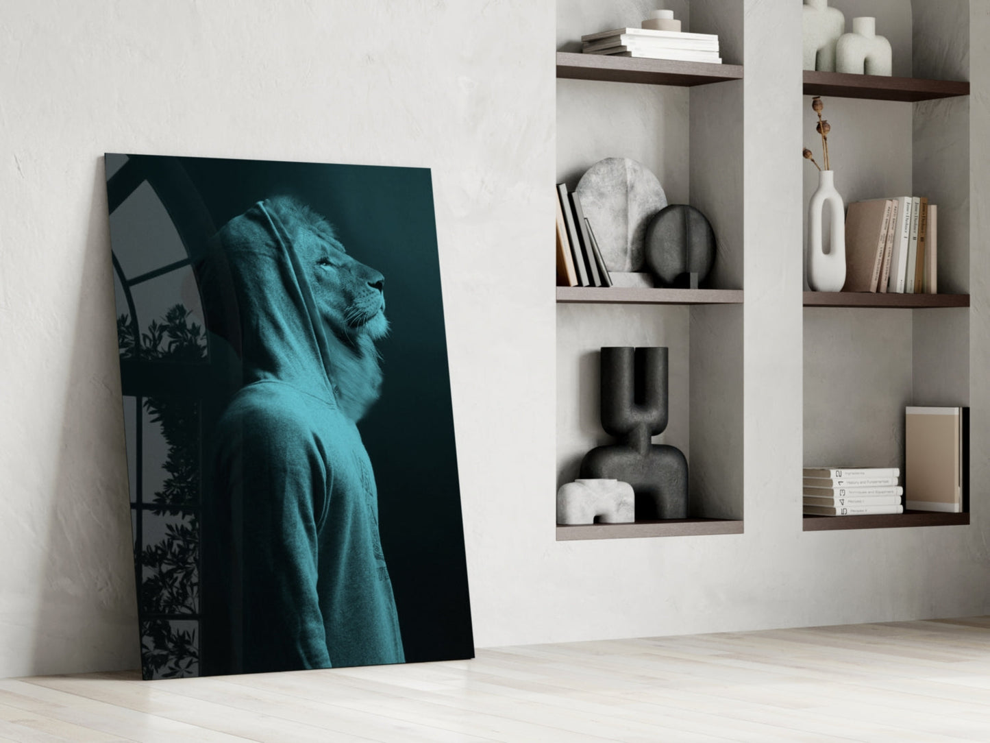 Blue Lion Head Glass Wall Art leaning against white wall beside modern shelving unit with decorative objects.
