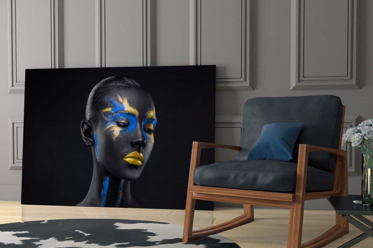 Blue Gold Powder Face Glass Wall Art