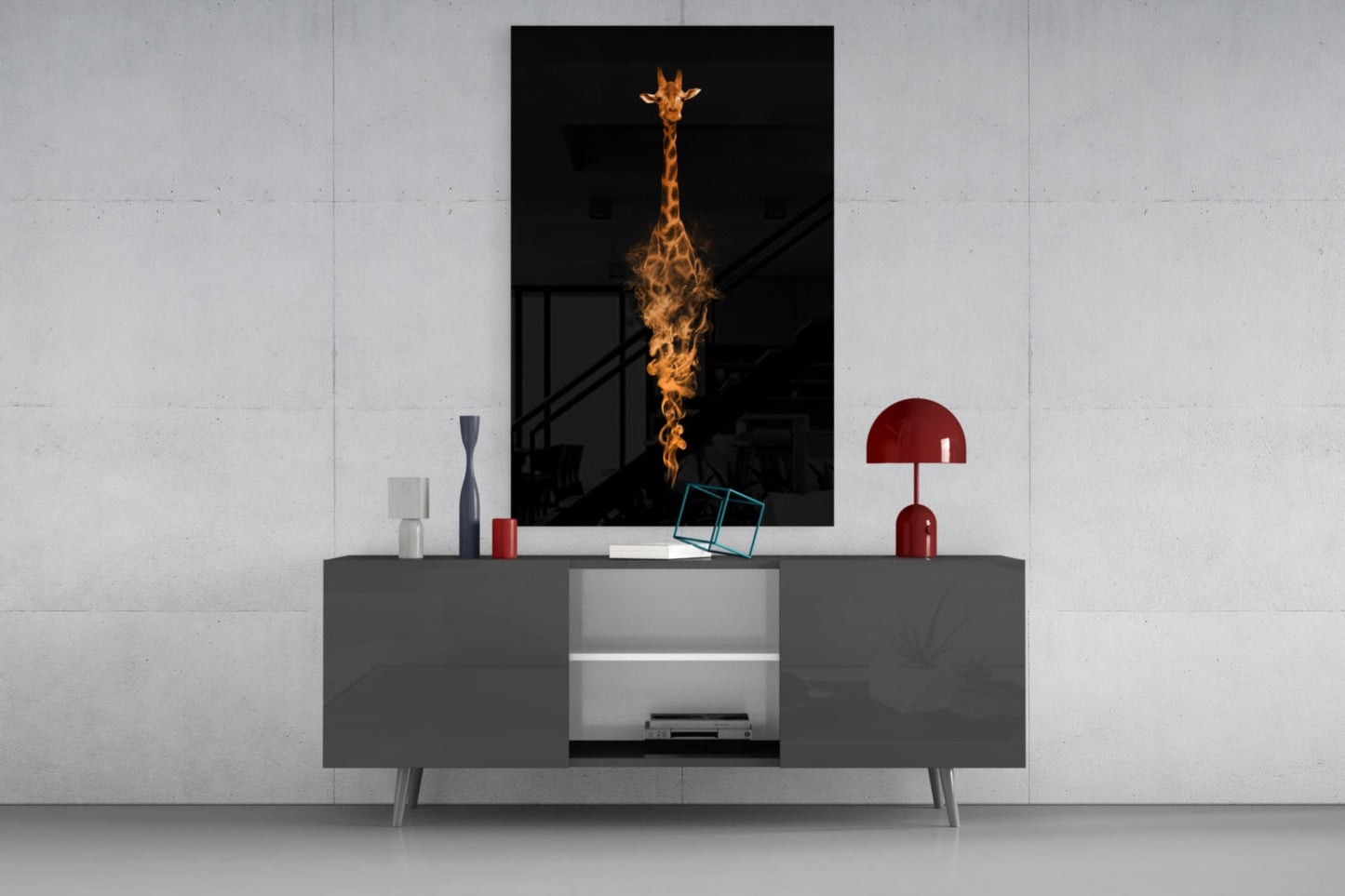 Orange Smoke Giraffe Black Glass Wall Art