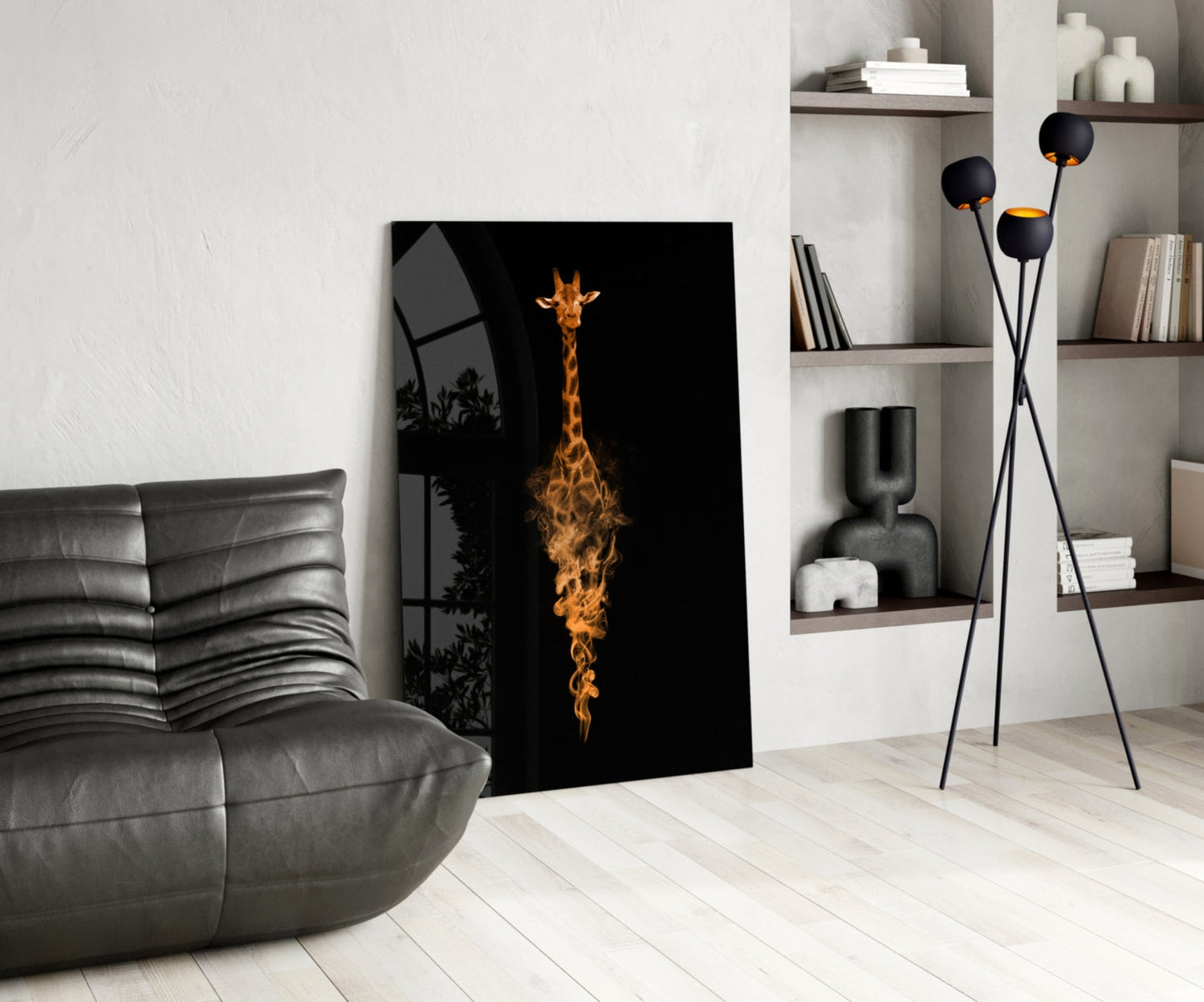 Orange Smoke Giraffe Black Glass Wall Art
