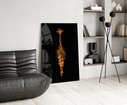 Orange Smoke Giraffe Black Glass Wall Art