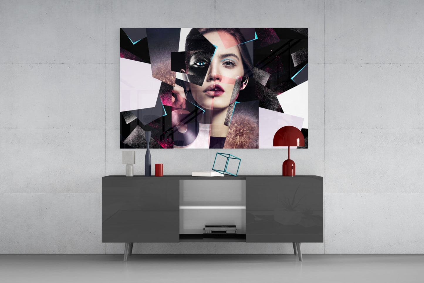 Pink Glitter Shard Collage Woman Face Glass Wall Art
