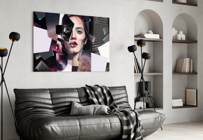 Pink Glitter Shard Collage Woman Face Glass Wall Art