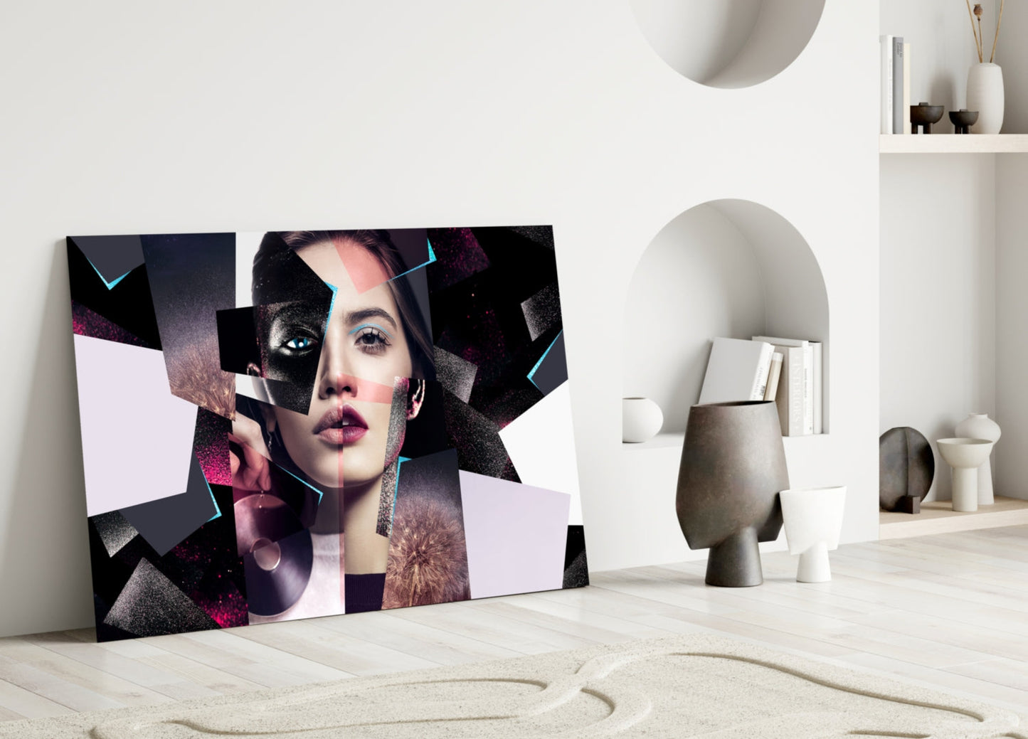 Pink Glitter Shard Collage Woman Face Glass Wall Art