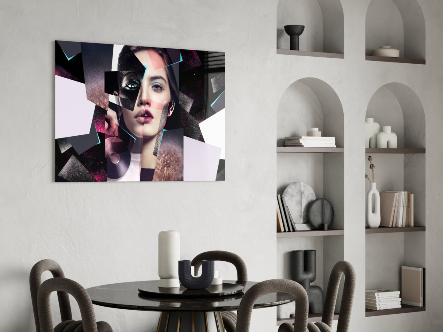 Pink Glitter Shard Collage Woman Face Glass Wall Art