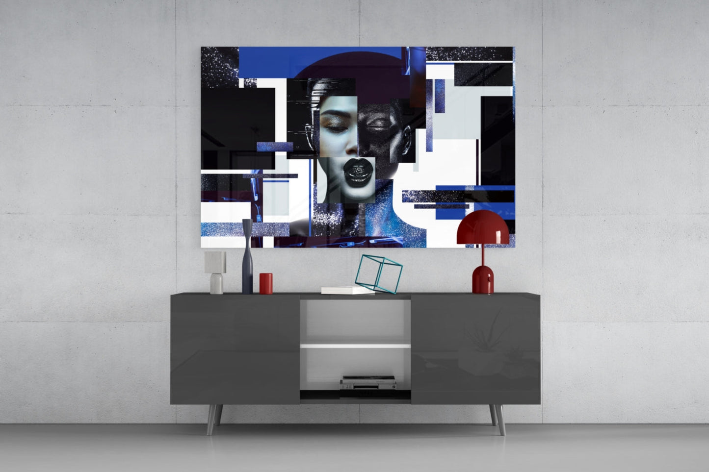 Blue and Silver Geometric Blocks Woman Glass Wall Art