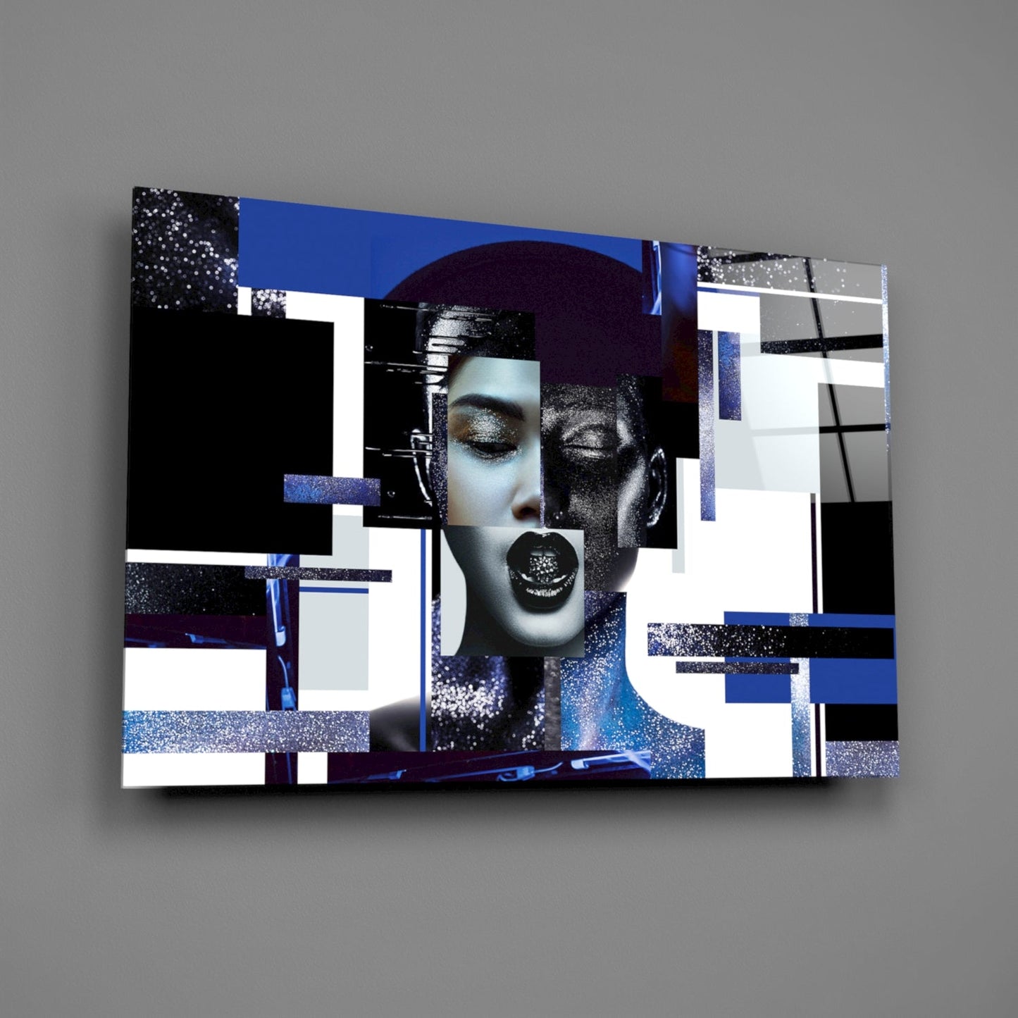 Blue and Silver Geometric Blocks Woman Glass Wall Art