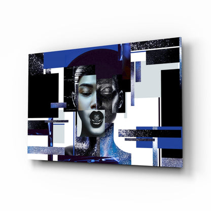 Blue and Silver Geometric Blocks Woman Glass Wall Art