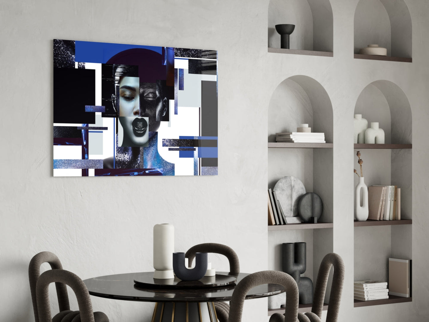 Blue and Silver Geometric Blocks Woman Glass Wall Art