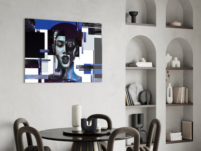 Blue and Silver Geometric Blocks Woman Glass Wall Art