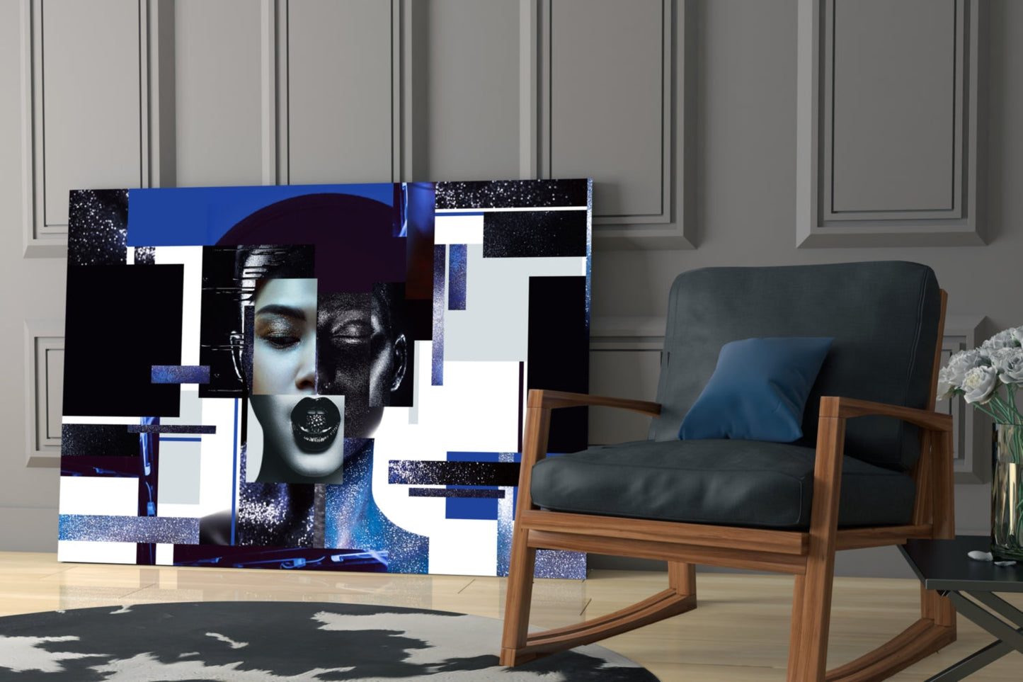 Blue and Silver Geometric Blocks Woman Glass Wall Art