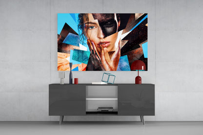 Turquoise and Copper Shards Woman Portrait Glass Wall Art
