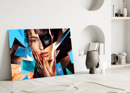 Turquoise and Copper Shards Woman Portrait Glass Wall Art