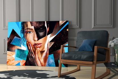 Turquoise and Copper Shards Woman Portrait Glass Wall Art