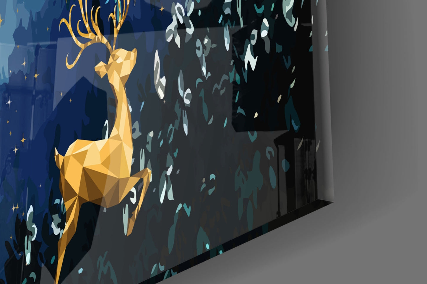 Angled perspective view of golden geometric deer wall art with teal and white leaf pattern on dark background.