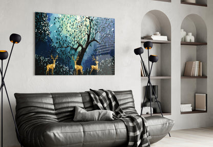 Golden Deers Glass Wall Art displayed above black leather sofa in modern living room with white shelving and floor lamp.