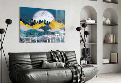 Modern living room interior featuring a colorful landscape glass wall art above gray leather sofa with yellow mountains and blue forest design.