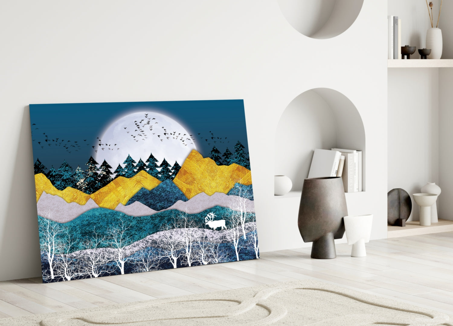 Colorful landscape glass art leaning against wall displays layered mountains in yellow, teal, and white with forest and moon.