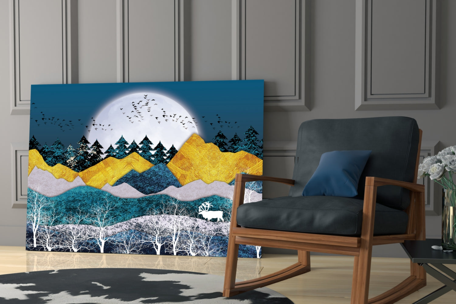 Modern living room with textured landscape glass art displaying layered mountains, forest, and moon in blue, gold, and white tones beside a wooden rocking chair.