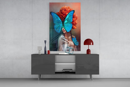 Blue Butterfly Mask Orange Peony Glass Wall Art