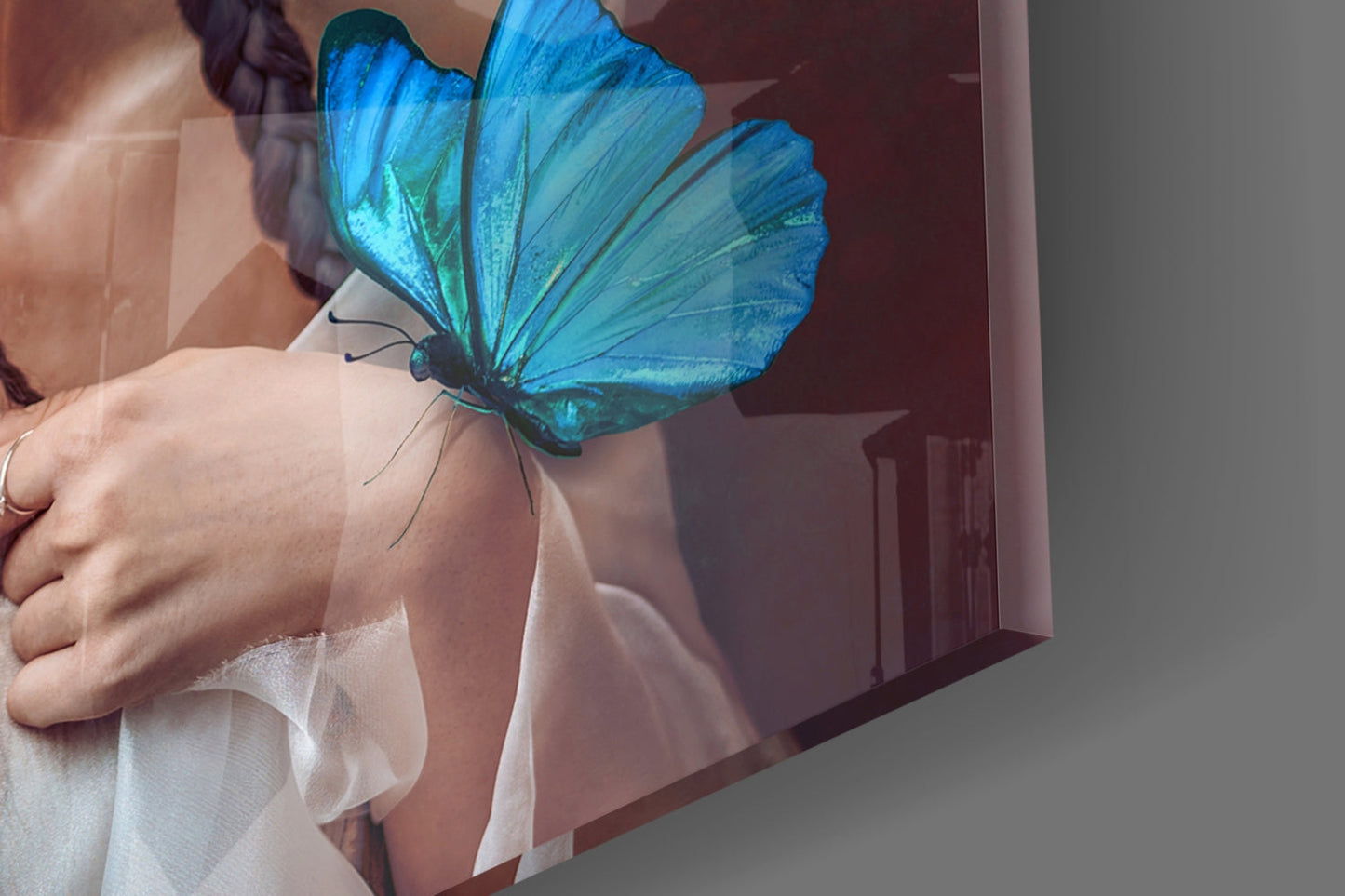 Blue Butterfly Mask Orange Peony Glass Wall Art