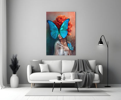 Blue Butterfly Mask Orange Peony Glass Wall Art