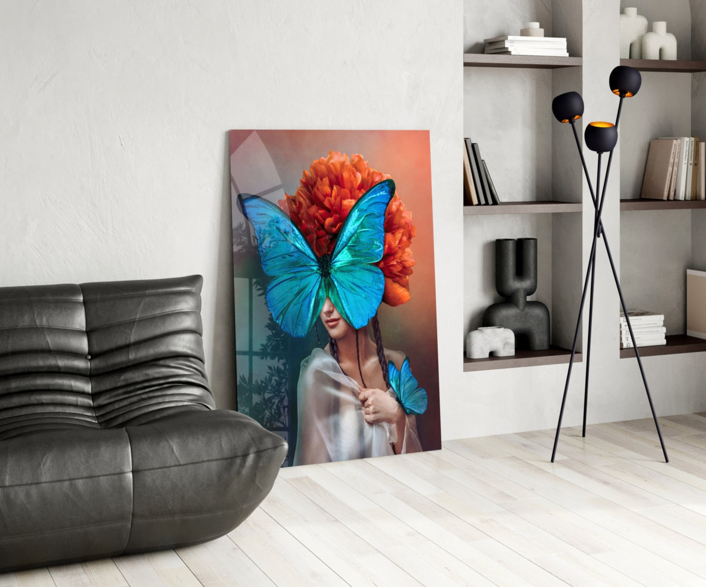 Blue Butterfly Mask Orange Peony Glass Wall Art