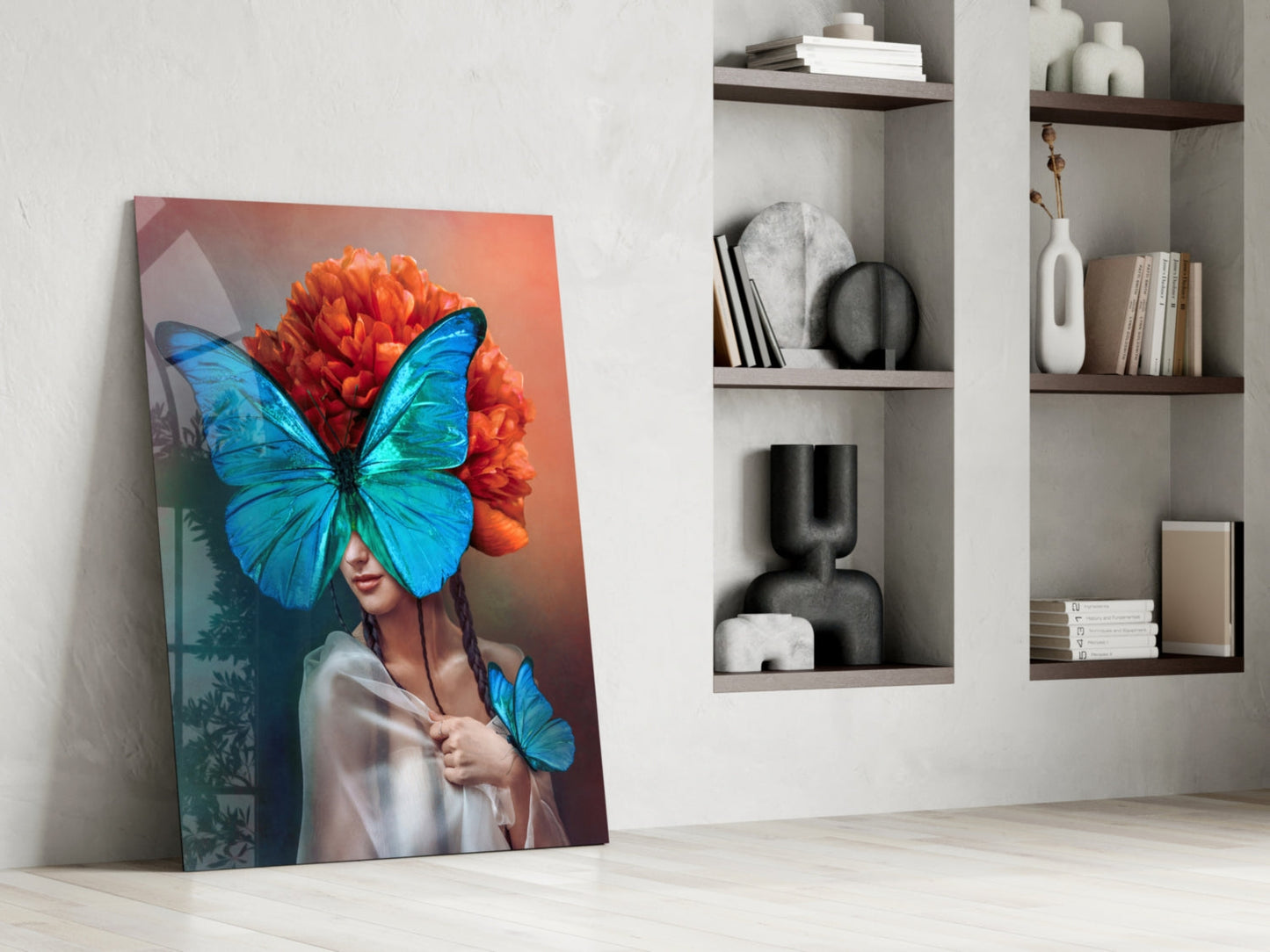 Blue Butterfly Mask Orange Peony Glass Wall Art