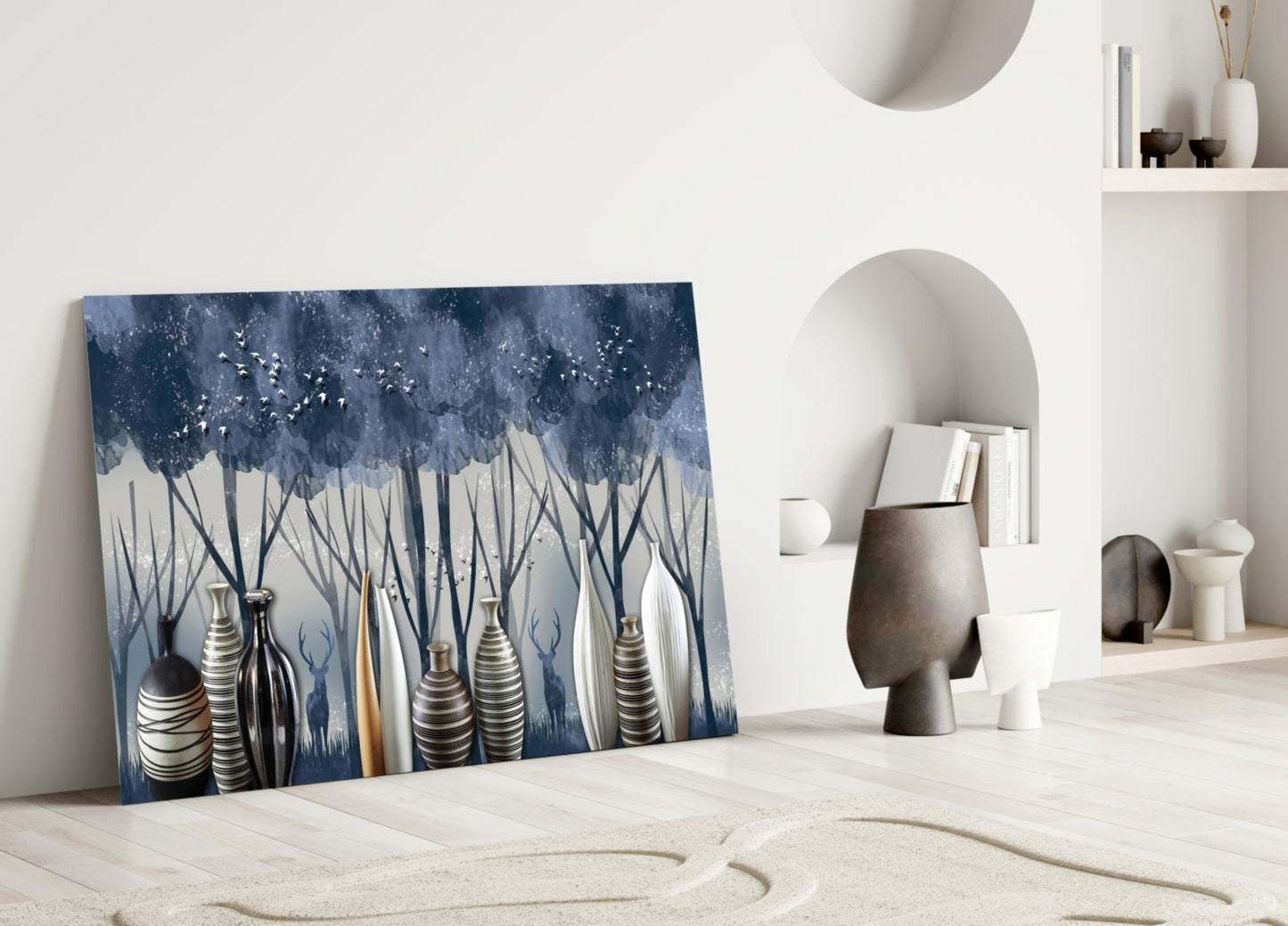 Modern interior display featuring blue and white glass wall art with stylized trees and decorative vases, flanked by white shelving and ceramic decor.