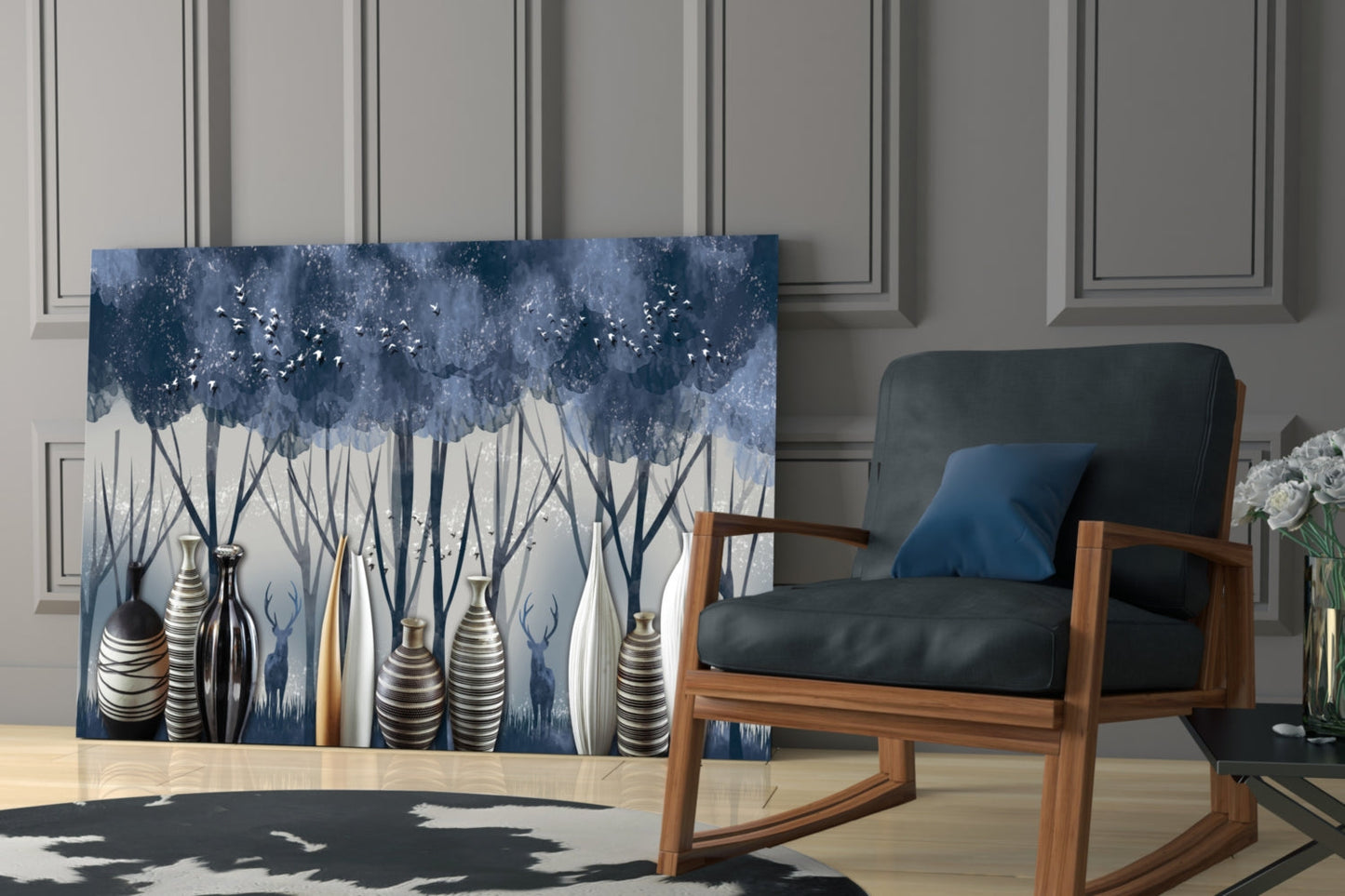 Blue and white glass wall art featuring stylized vases and dandelion trees displayed in modern living room setting with wooden chair.