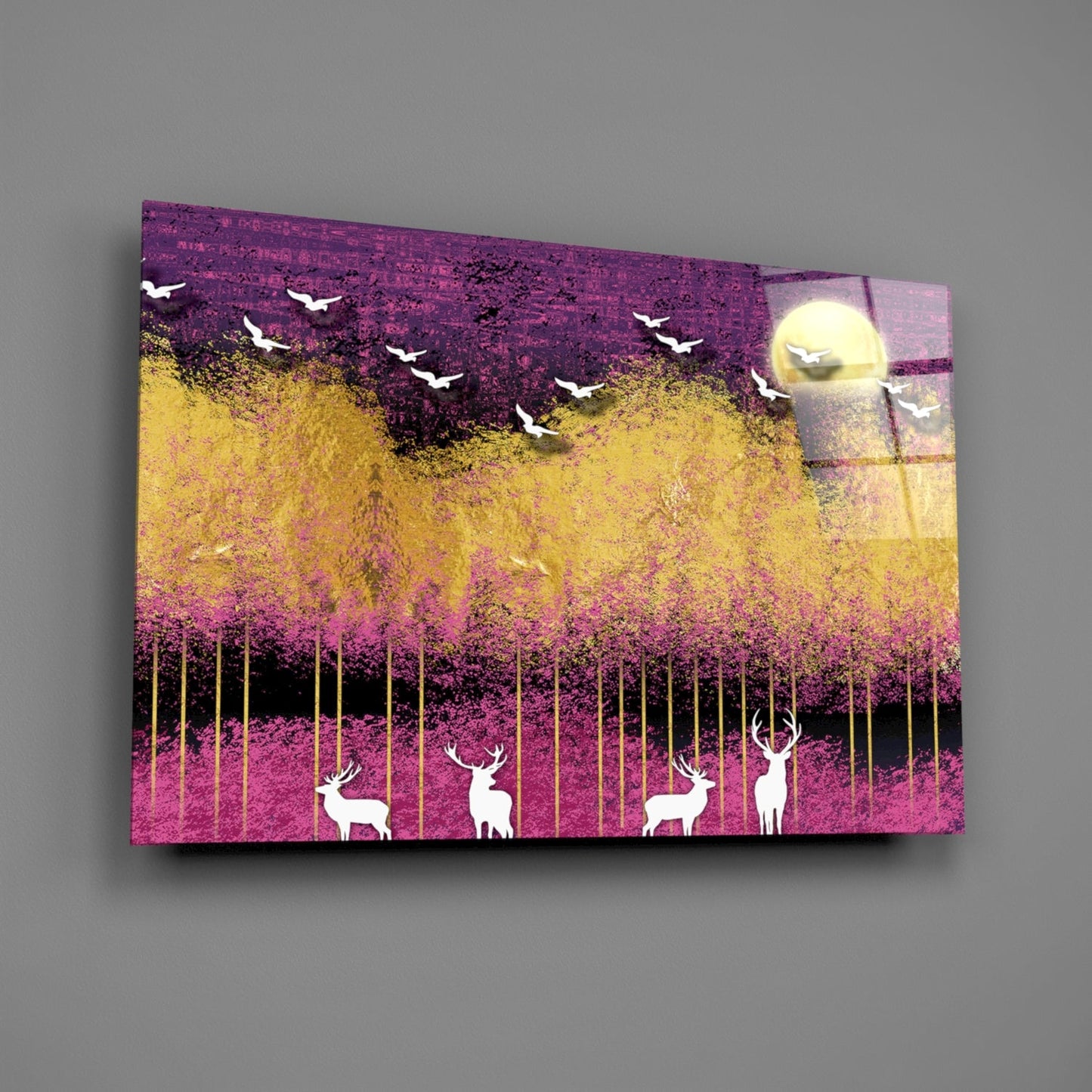 Glass wall art featuring white silhouettes of deer and birds against layered purple, gold, and yellow textured background with vertical tree trunks.